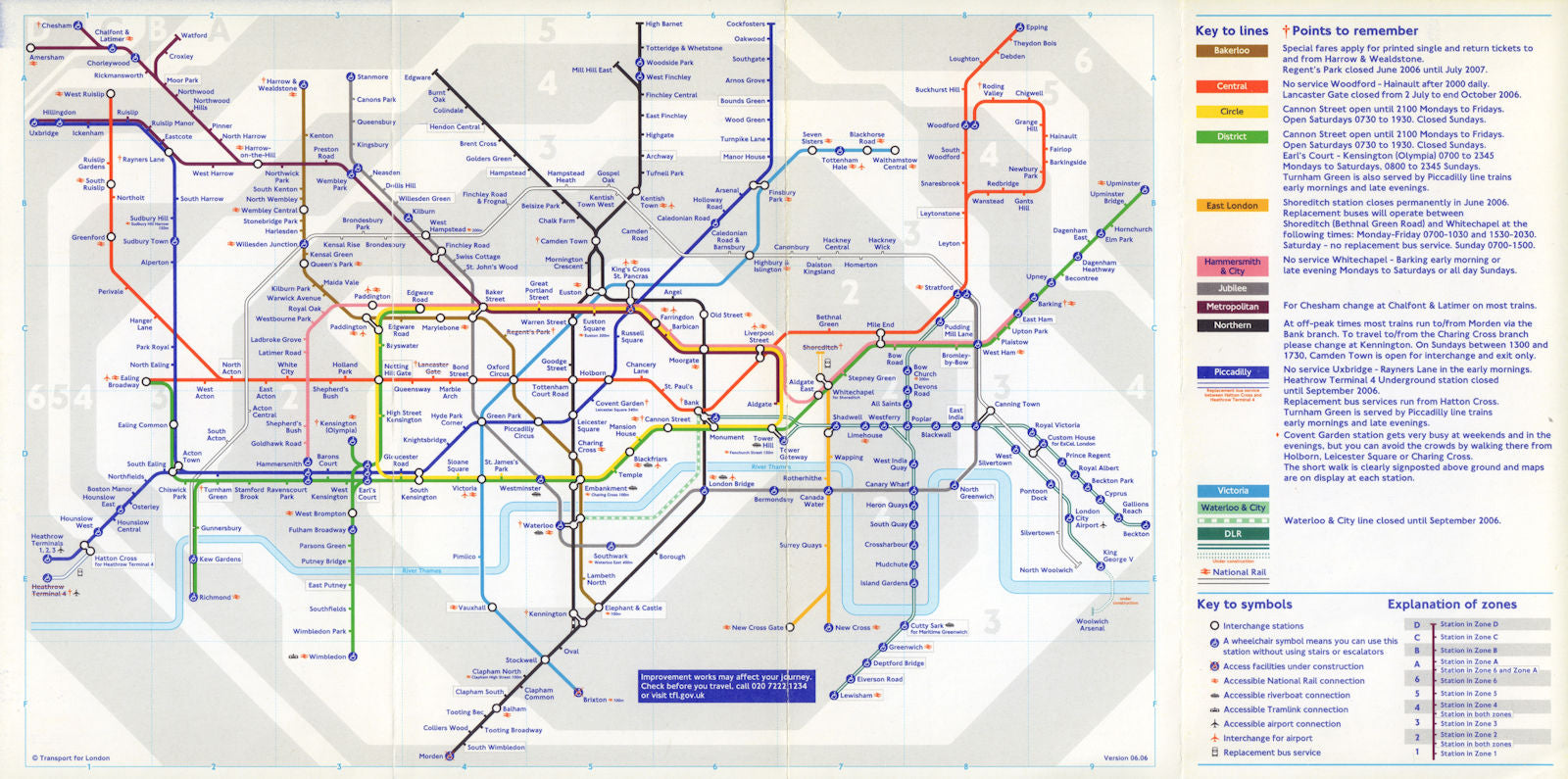 LONDON UNDERGROUND tube map. Waterloo & City line, Heathrow T4 closed. June 2006